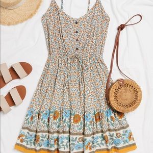 Retro V Neck Floral Bohemian Midi Cami Dress